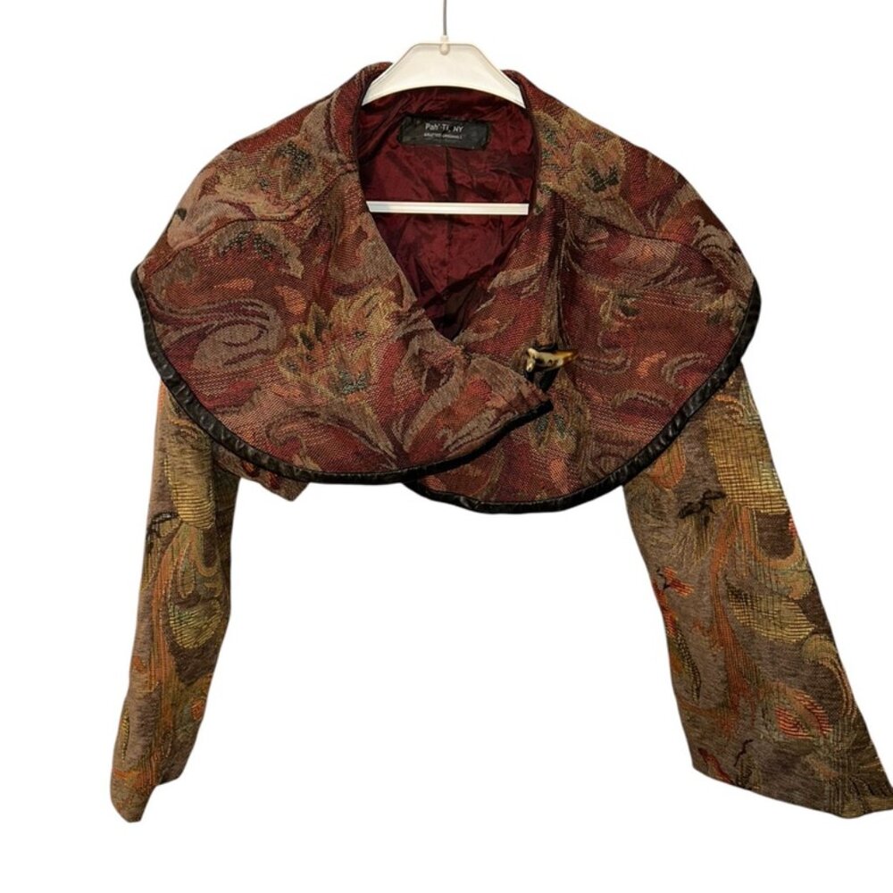 Pah ti NY STUNNING unique black leather trim tapestry shrug jacket S